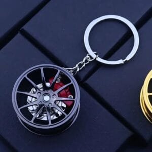 360° rotating keyring - a miniature of a car wheel with brake disc and pad.