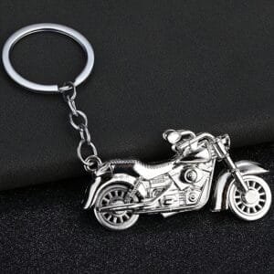 Silver coloured metal keyring depicting a detailed Chopper-style motorcycle with chain and key ring