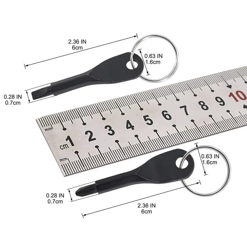 Black color key-shaped flat and cross keychains with ruler to determine scale