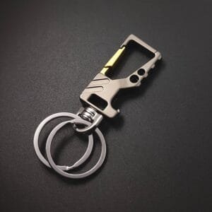 Titanium grey and gold detail metal keyring carabiner with two rings and bottle opener
