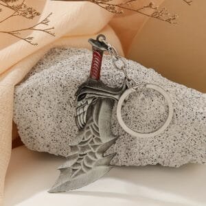 Metal key rings with sword - curved sword with skull