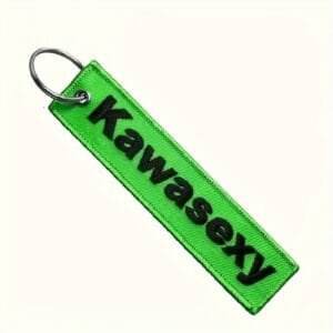 Kawasexy motorcycle keyring - green fabric key tag with white "kawasexy"