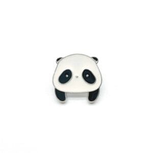 Minimalist white panda head with black ears and eye spots enamel pin cute animal accessory