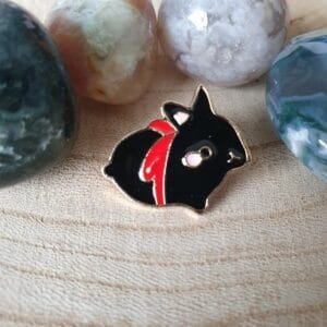 Black rabbit red ribbon pink ears enamel brooch contrast