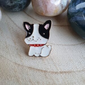 French bulldog dog black and white red collar enamel pin