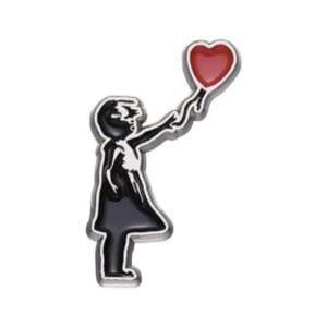 Black and white enamel pin girl reaching for red heart-shaped balloon Banksy street art in silver outline