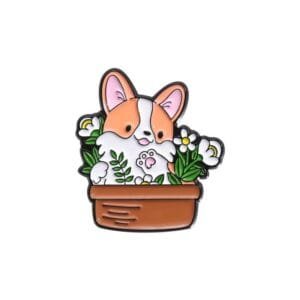 Corgi dog flowers flower pot leaves spring cute enamel pin botanical pin