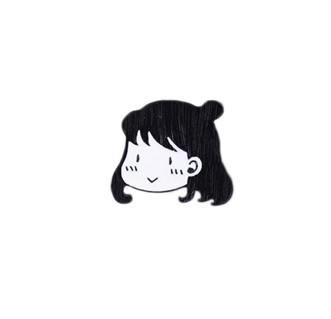 Melnā un baltā meitenes sejas emaljas piespraude kawaii anime stila broša
