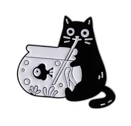 Schwarze Katze Angeln für Fische Aquarium Emaille Pin Katze Angeln Pin