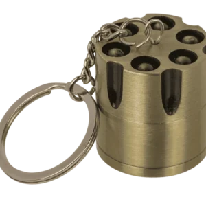 Bronze revolver grinder keychain, top view with six bullets
