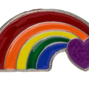 Pride rainbow pin with a heart—a rainbow arch with a purple heart at the end, made of hard enamel on a silver base