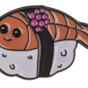 Kawaii Sushi Pin – a cute nigiri with a slice of salmon, a pink flower, and a smile, made of hard enamel on a dark background
