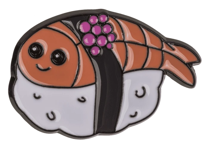 Sushi-pinn kawaii – armas nigiri lõheviiluga, roosa õiega ja naeratusega, kõva emailiga, tumedal taustal
