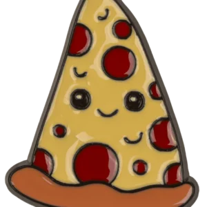 Kawaii Enamel Pizza Pin – A smiling slice of pepperoni pizza with a cute face, made of hard enamel on a dark background
