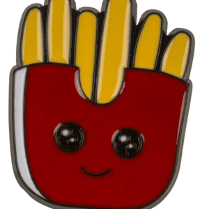 Potato Pin - Kawaii: Smiling yellow potatoes in red packaging with a cute face—a hard-enamel pin on a dark background