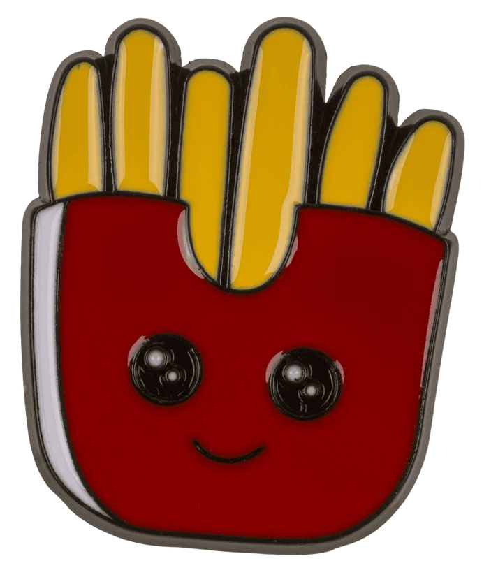 Potato Pin - Kawaii: Smiling yellow potatoes in red packaging with a cute face—a hard-enamel pin on a dark background