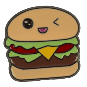 Kawaii Enamel Burger Pin – A sparkling burger with cheese, lettuce, and a patty, made of hard enamel on a dark background