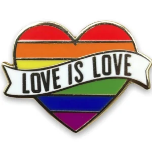 "Love is love" pin—rainbow-colored hearts with a white ribbon and the inscription "love is love" on a dark background, made of hard enamel