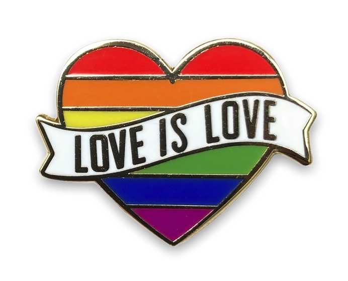 "Love is love" pin—rainbow-colored hearts with a white ribbon and the inscription "love is love" on a dark background, made of hard enamel